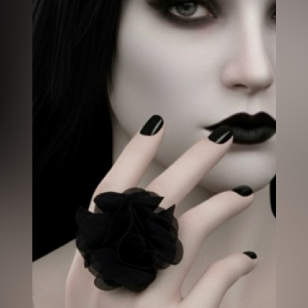 Gothic Flower Statement Ring Oversized Black Chiffon